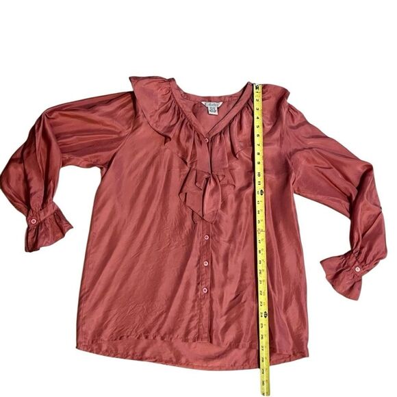 Vtg 90s Silk Poet Ruffles Romantic Feminine Dusty Rose Pink Bib Collar Blouse M - Picture 13 of 15